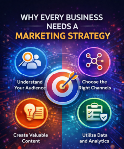 Key elements of a marketing strategy infographic showing research, messaging, channel selection, and optimization