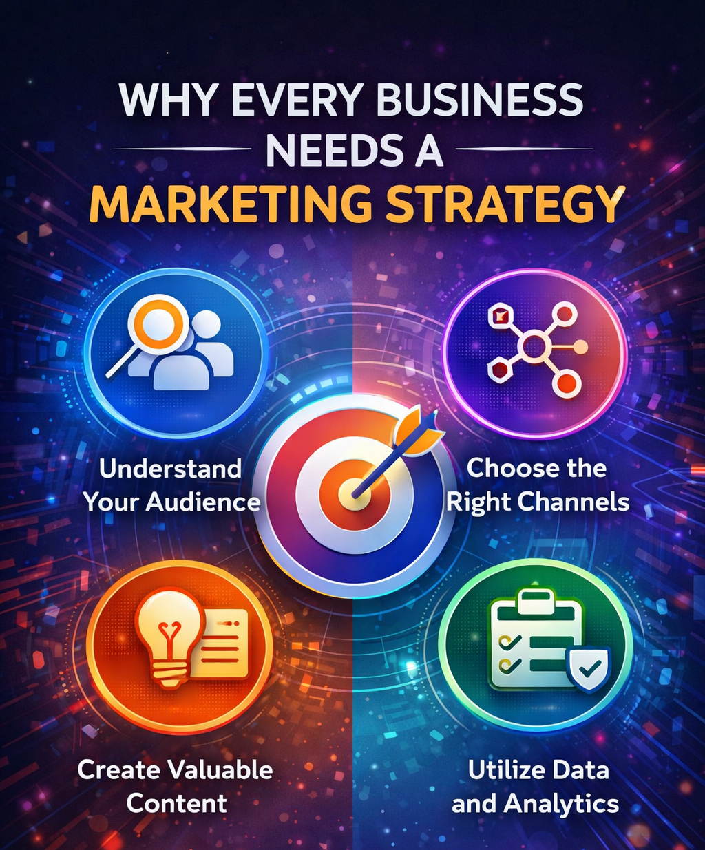 Key elements of a marketing strategy infographic showing research, messaging, channel selection, and optimization