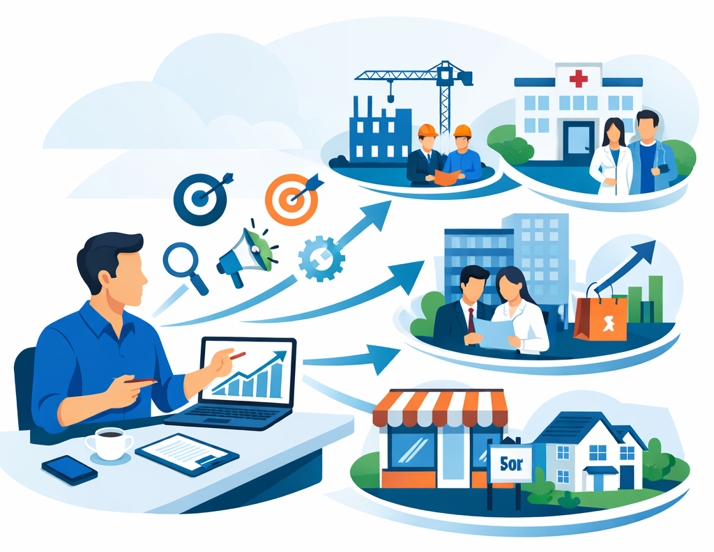 Illustration showing a marketing consultant analyzing growth metrics and connecting strategies to multiple industries including healthcare, construction, professional services, retail, and real estate.