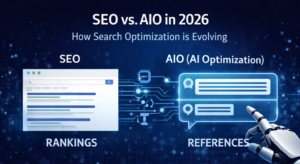 Comparison of SEO vs AI Optimization showing search rankings versus AI-generated responses in 2026