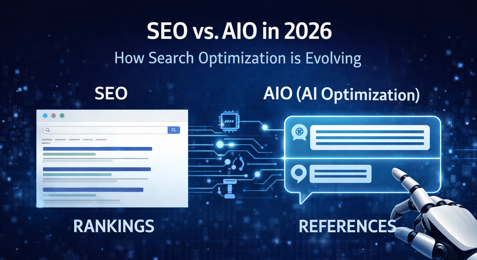 Comparison of SEO vs AI Optimization showing search rankings versus AI-generated responses in 2026