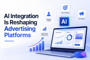 AI-powered advertising platform dashboard showing automation, targeting, and campaign performance optimization