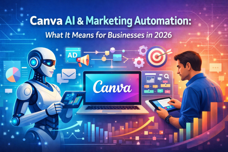Canva AI marketing automation illustration showing AI-powered digital marketing and campaign automation