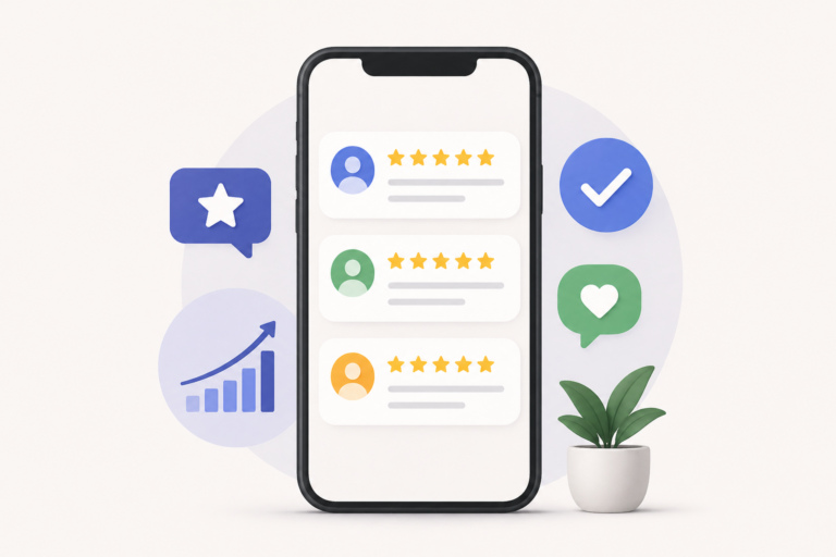 Review automation system collecting customer reviews on mobile device